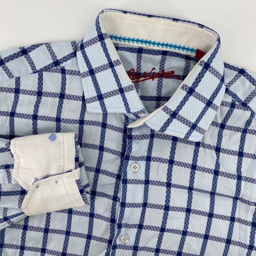 Robert Graham Button Down Shirt Mens M Light Blue Navy Grid Long Sleeve Cotton